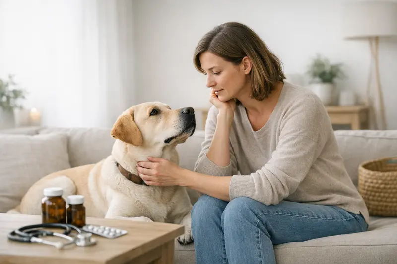 Vorsorgeuntersuchung bei Hunden Eine glückliche Hundebesitzerin beim Besuch beim Tierarzt mit ihrem Hund zur Vorsorgeuntersuchung.