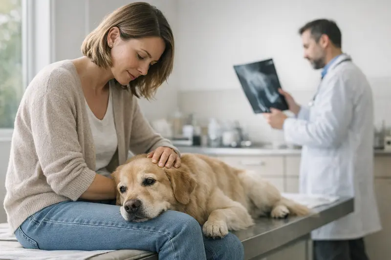 Wartezeit und Erkrankungen bei Hunde-Krankenversicherungen Hundebesitzer und Tierarzt besprechen die Wartezeit und medizinische Probleme bei einer Hunde-Krankenversicherung.