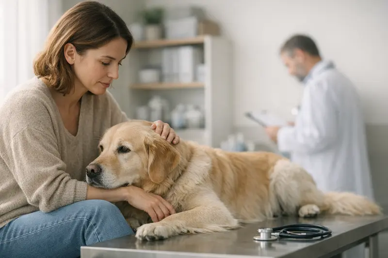 Wartezeiten in der Hundekrankenversicherung Ein Hundebesitzer diskutiert mit einem Tierarzt über Wartezeiten in der Hundekrankenversicherung.