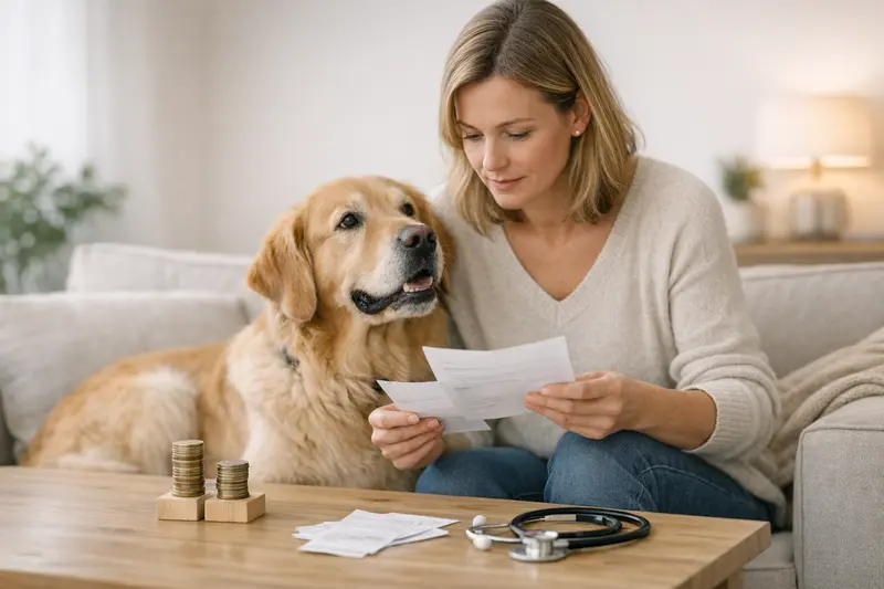 Hund beim Tierarzt: Erstattungssatz vs. Selbstbeteiligung Ein Hund wird beim Tierarzt behandelt, während die Besitzerin über Versicherungskosten nachdenkt.