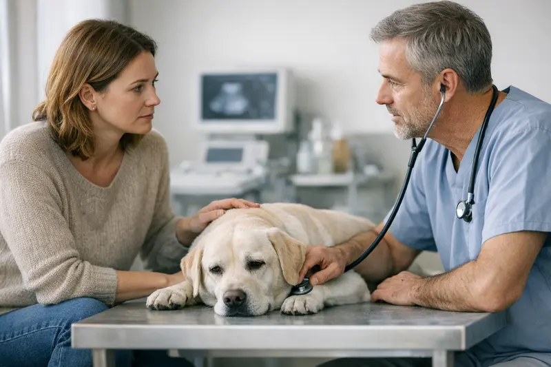 Hund im Tierarztbesuch wegen Krankheitssymptomen Ein besorgter Hundebesitzer hält seinen kranken Hund in der Tierarztpraxis.