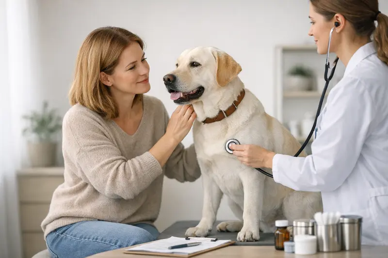 Hunde-Krankenversicherung und Vorsorgeleistungen Tierarzt bei der Untersuchung eines Hundes auf Vorsorgeleistungen.