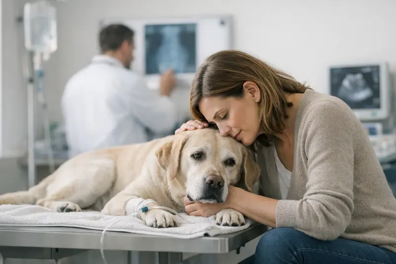 Tierarztkosten bei unklaren Symptomen Ein besorgter Hundebesitzer in der Tierarztpraxis mit seinem Hund, umgeben von medizinischen Geräten.