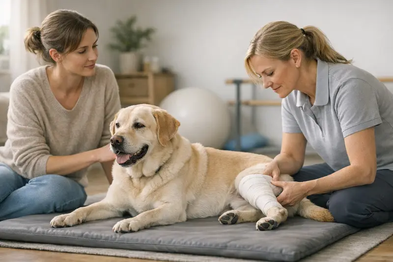 Physiotherapie nach Kreuzbandbehandlung für Hunde Ein Hund in physiotherapeutischer Behandlung nach einer Kreuzbandoperation.