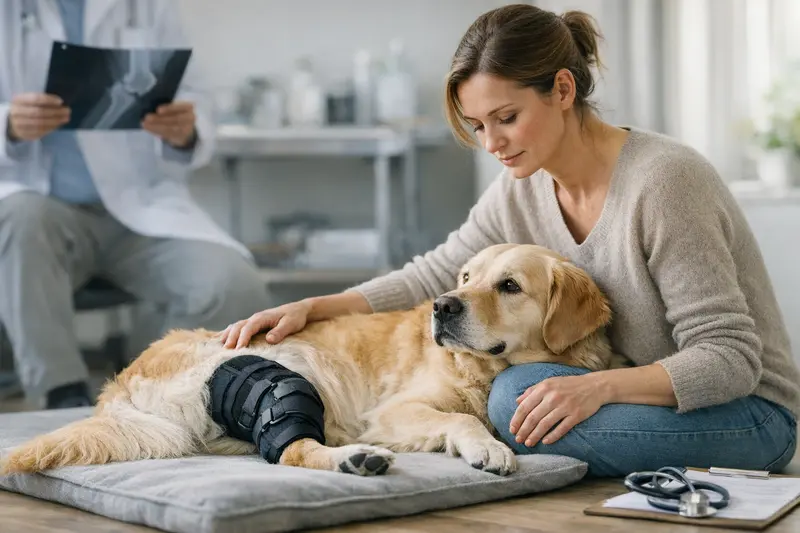 Wartezeiten und Vorerkrankungen bei Hundekrankenversicherung Hund mit Gelenkproblemen im Tierarztbesuch zur Klärung von Wartezeiten und Vorerkrankungen