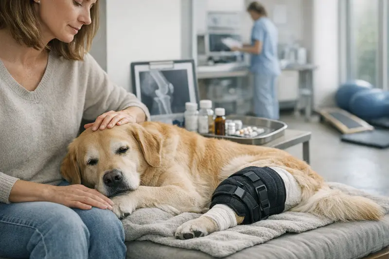 Ein Hund mit einem verbundenen Bein, der zum Tierarzt gebracht wird, um Knieprobleme behandeln zu lassen.