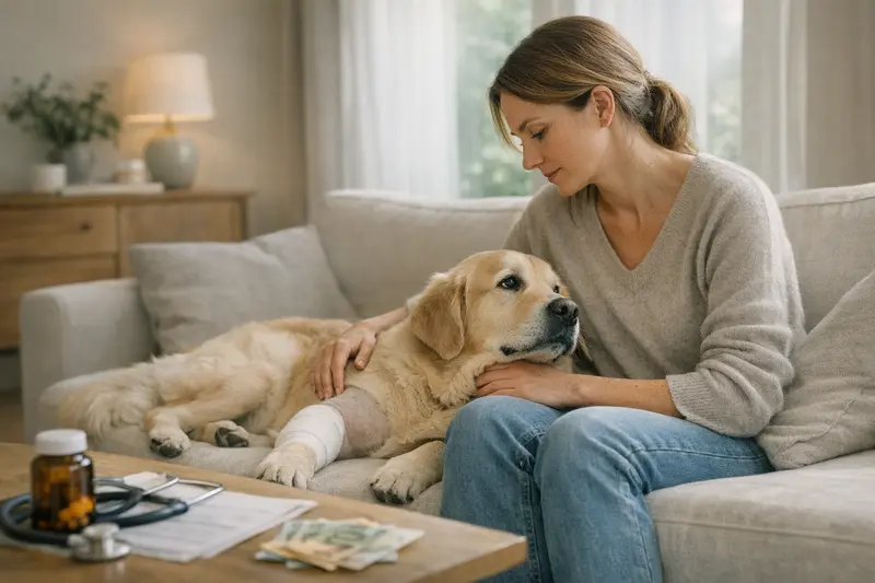 Hund beim Tierarzt zur OP-Versicherung Ein glücklicher Hund beim Tierarzt, der die Möglichkeiten einer OP-Versicherung diskutiert.