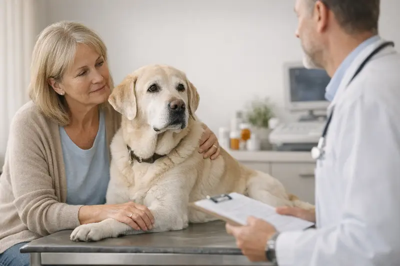 Tierarztkosten bei älteren Hunden Älterer Hund beim Tierarzt, der eine Untersuchung erhält