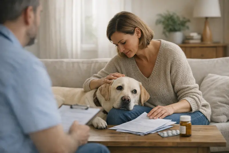 Tierarztgespräch über Vorerkrankungen bei Hunden Ein Hundebesitzer spricht mit einem Tierarzt über Vorerkrankungen seines Hundes.