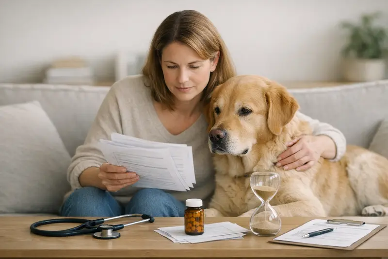Ein Hund wird von seinem Besitzer auf einem Laptop zur Tarifvergleichsseite für Hundeversicherungen beraten.