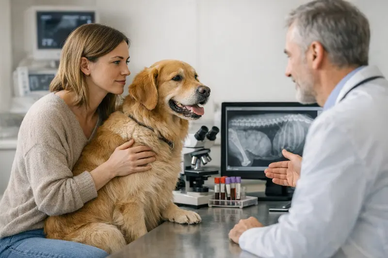 Ein Hundewelpe beim Tierarzt für eine diagnostische Untersuchung, um die Gesundheit zu überprüfen.