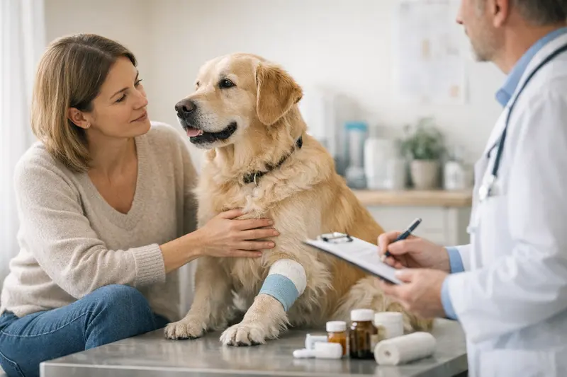 Nachsorgeuntersuchung Hund Tierarzt Hund bei einer Nachsorgeuntersuchung beim Tierarzt nach einer Behandlung.