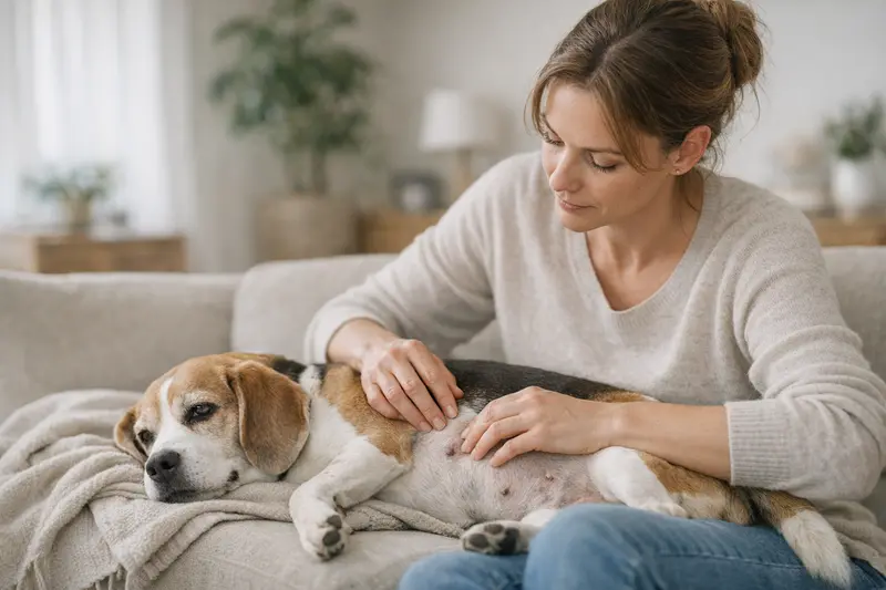 Ein Hund, der von seinem Tierarzt untersucht wird, während ein Knoten an der Milchleiste kontrolliert wird.