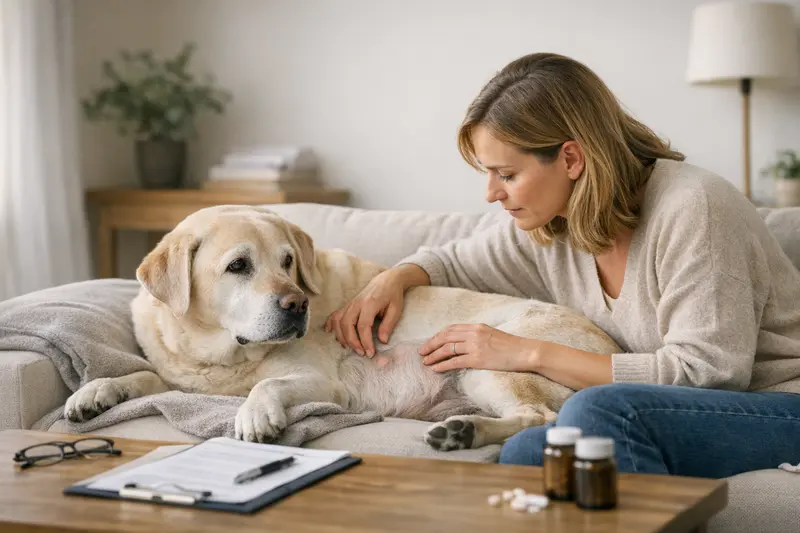 Ein Hund wird von einem Tierarzt untersucht, um mögliche Vorerkrankungen zu klären.
