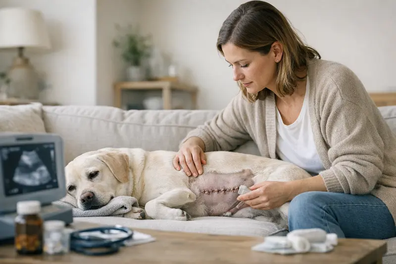 Tierärztliche Untersuchung vor Hundebetrieb Ein Tierarzt untersucht einen Hund vor einer Operation, um sicherzustellen, dass die nötigen Voruntersuchungen durchgeführt werden.