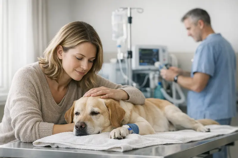 Tierarzt bei der Behandlung eines Hundes unter Narkose, während die Gesundheitskosten überprüft werden.