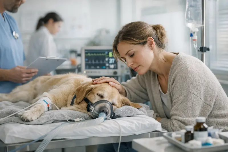 Überwachung eines Hundes während der Narkose Tierarzt überwacht Hund während einer Narkosebehandlung und dokumentiert die Risiken.