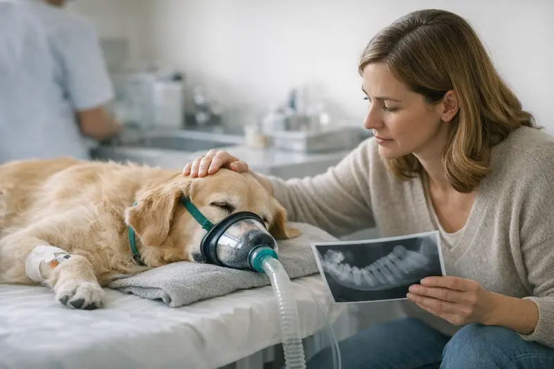 Zahnbehandlung beim Hund mit Narkose Ein Tierarzt untersucht das Gebiss eines Hundes, um Zahnbehandlungen zu planen.