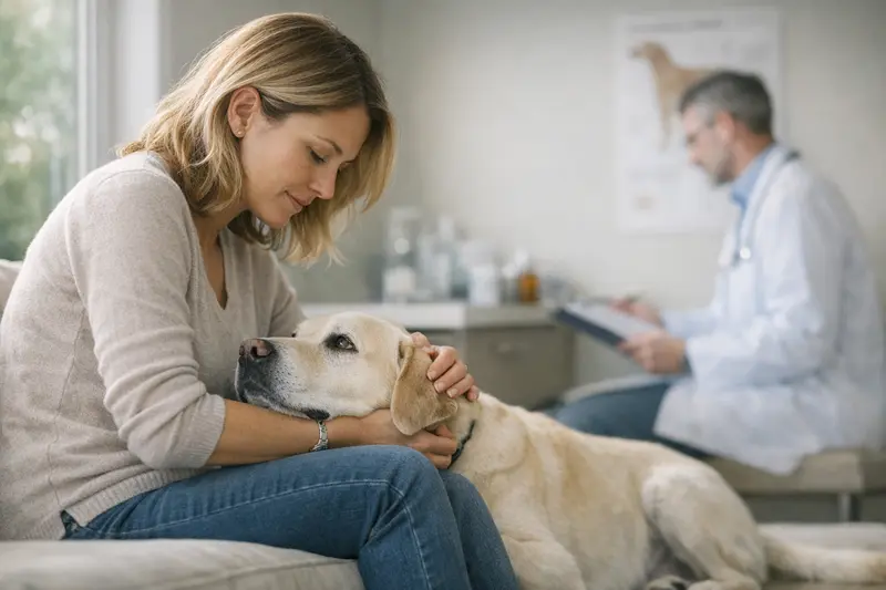 Tierarztgespräch über Vorerkrankungen bei Hunden Ein Hundebesitzer konsultiere einen Tierarzt über Vorerkrankungen seines Hundes.