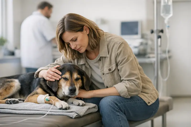 Hund beim Tierarzt - Gesundheitscheck Hundefoto eines großen Hundes in einer Tierarztpraxis, der für eine Untersuchung bereit ist.