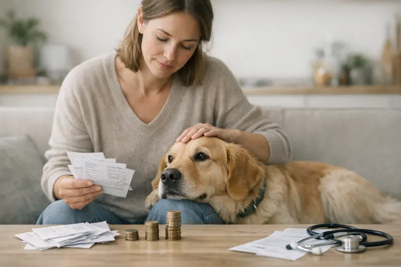 Ein Hund sitzt beim Tierarzt, während die Selbstbeteiligung des Versicherungs Tarifs diskutiert wird.