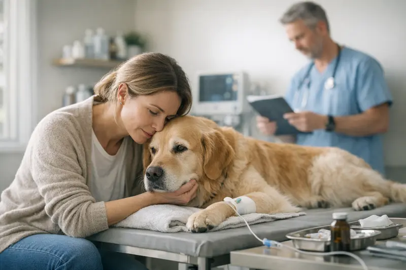 Ein Hund sitzt beim Tierarzt und erhält eine Untersuchung zur Gesundheit.