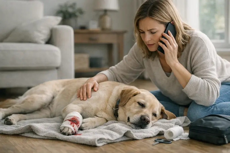 Ein Hund besitzt die Aufmerksamkeit seines Besitzers in einer Notfallsituation.
