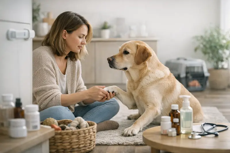 Prävention bei Hunden zur Vermeidung von Notfällen Ein Hund spielt mit sicherem Spielzeug in einem gut gesicherten Zuhause, um Unfälle zu vermeiden.