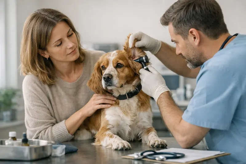 Ein Hund sitzt beim Tierarzt und erhält eine Untersuchung wegen Ohrenentzündung.