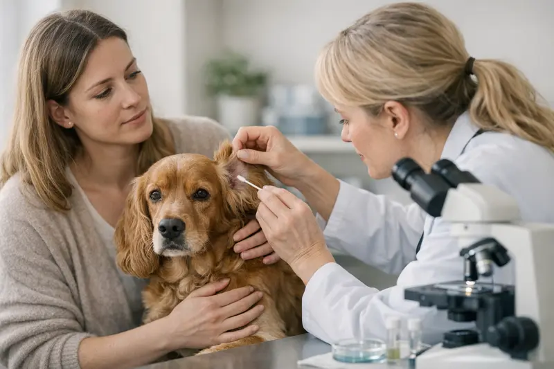 Diagnostik bei Hund sohrenentzündung Tierarzt untersucht das Ohr eines Hundes auf Ohrenentzündung mit einem Mikroskop.