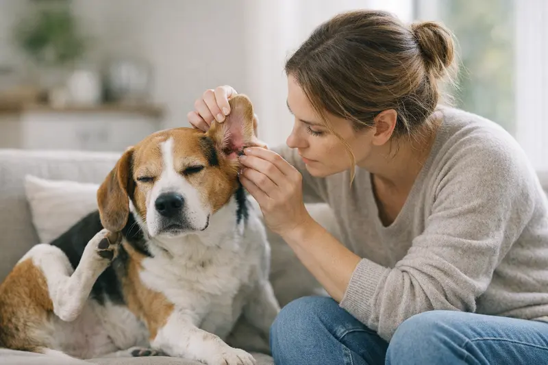 Anzeichen einer Ohrenentzündung bei Hunden Hund, der seine Ohren schüttelt, ein Anzeichen für eine mögliche Ohrenentzündung.