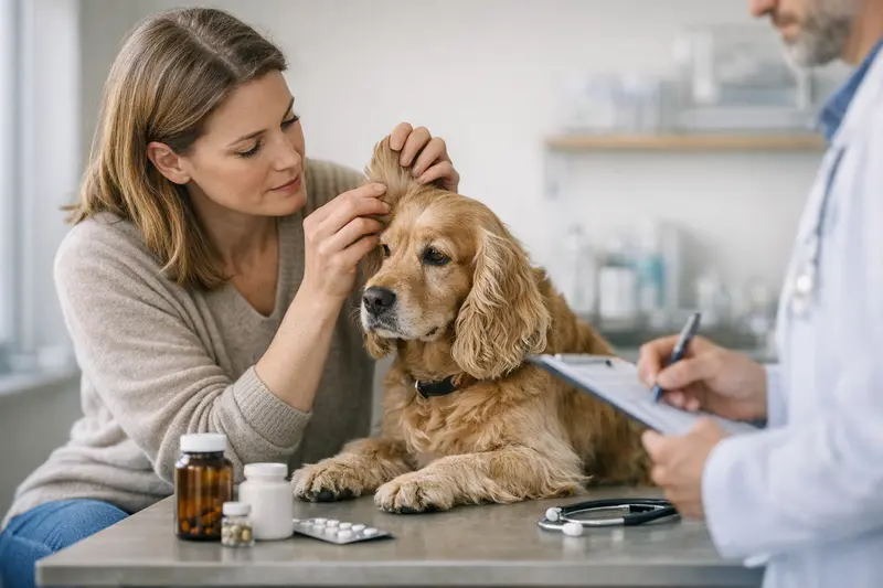 Tierarztdiagnose bei Ohrenproblemen bei Hunden Hund beim Tierarzt zur Untersuchung wegen Ohrenproblemen.