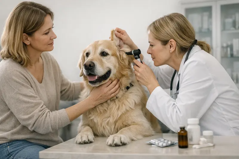 Ein Hund beim Tierarzt, der wegen einer Ohrenentzündung untersucht wird.