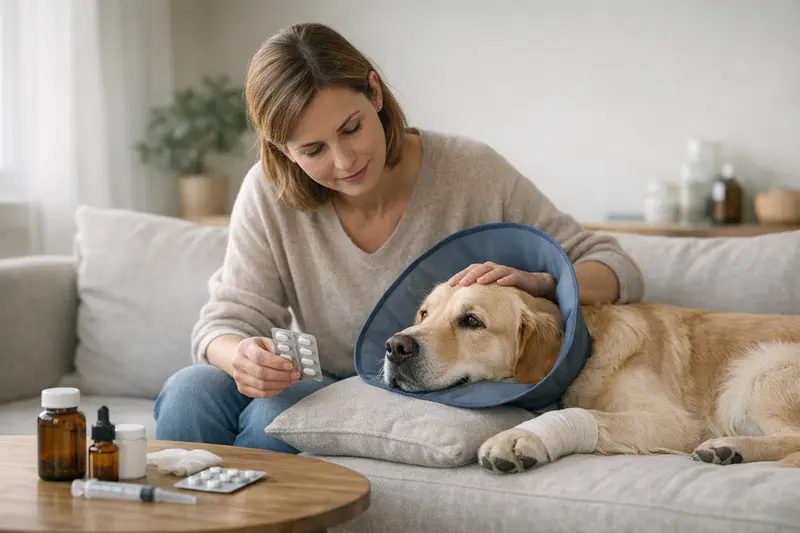Nachsorge und Medikamente nach Hund OP Ein Hund, der nach einer Operation von seinem Besitzer umsorgt wird, symbolisiert die Themen Nachsorge und Medikation.