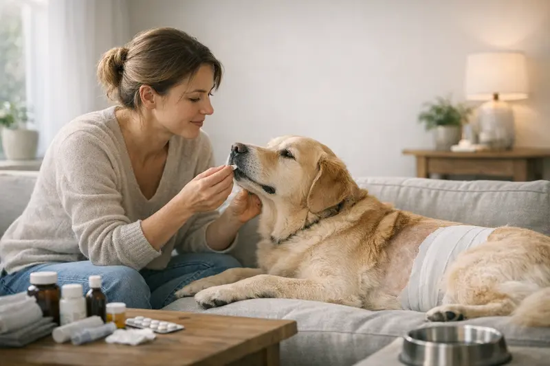 Ein Hund beim Tierarzt, der postoperativ betreut wird und Medikamente erhält.