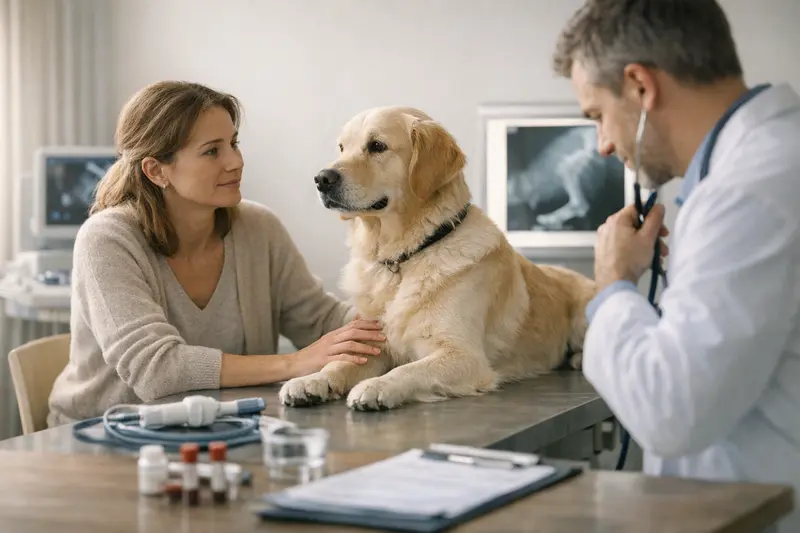Voruntersuchung für Hunde-OP Tierarzt untersucht einen Hund vor der Operation, wichtig für die Hunde-OP-Versicherung.