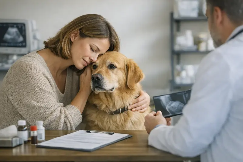 Ein Hundebesitzer bespricht mit einem Tierarzt die Kosten und Voruntersuchungen einer geplanten Operation.