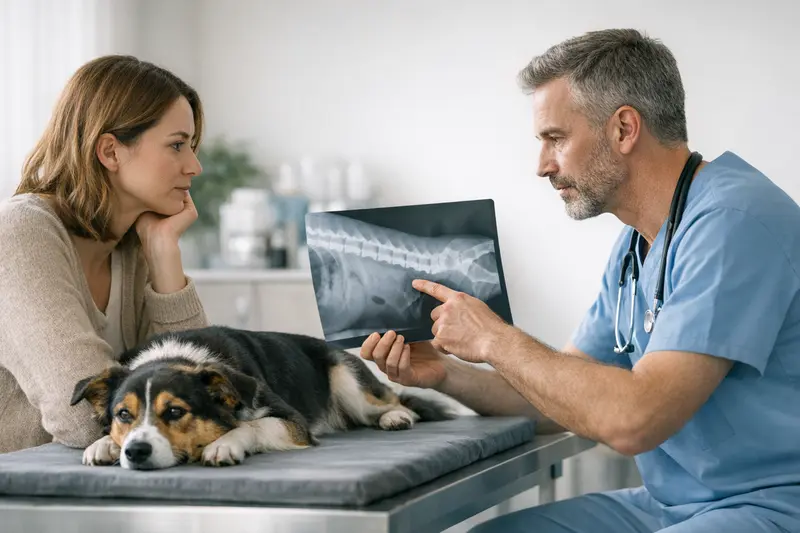 Ein Tierarzt erklärt einer Tierhalterin die medizinische Notwendigkeit von Behandlungen bei ihrem Hund.