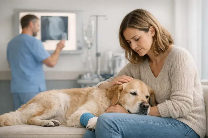 Medizinische Notwendigkeit bei der Tierarztkosten-Erstattung Eine Tierärztin erklärt einem Hundebesitzer die medizinische Notwendigkeit einer Behandlung.