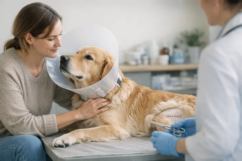 Nachkontrollen nach Hund-OP mitversichert? Hundehalter spricht mit Tierarzt über Nachkontrollen nach einer Operation