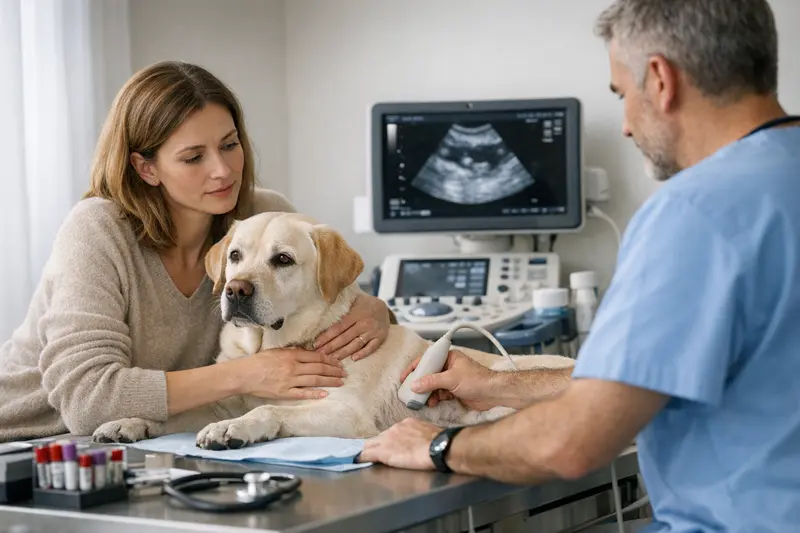 Tierarztuntersuchung vor Hunde-OP Ein Tierarzt untersucht einen Hund auf mögliche Gesundheitsprobleme vor einer Operation.