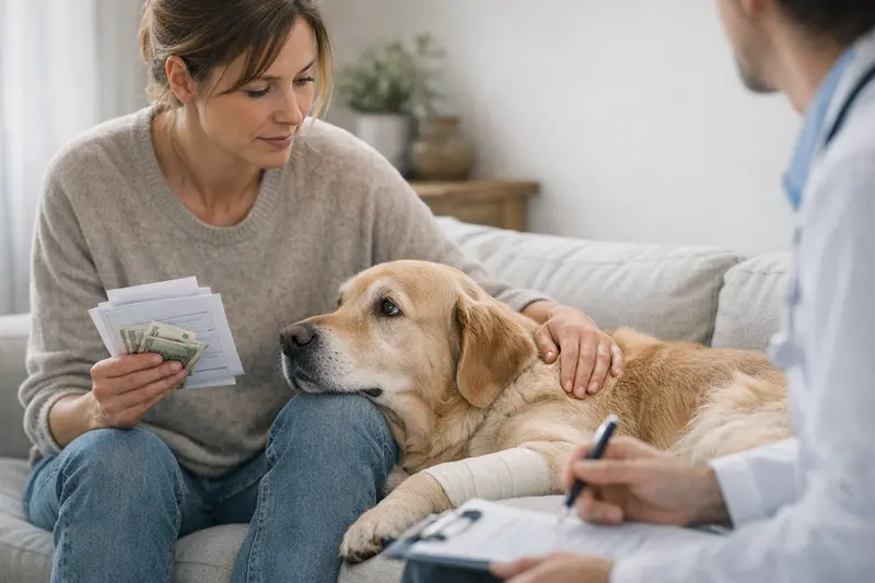 Ein Hund beim Tierarzt, der sich auf die Behandlung vorbereitet, während der Tierbesitzer Informationen zur Selbstbeteiligung einholt.