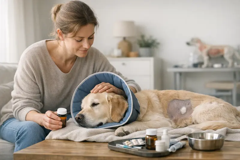 Tierarzt bei Hunde-OP-Versicherung Ein Hund liegt auf einem Operationstisch und wird auf die Narkose vorbereitet, während der Tierarzt die Medikamente prüft.