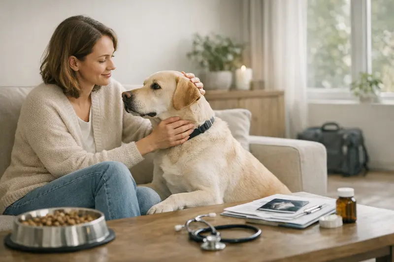 Gesundheitsvorsorge für Hunde Hundehalter bei der Gesundheitsvorsorge seines Hundes mit Tierarzt.