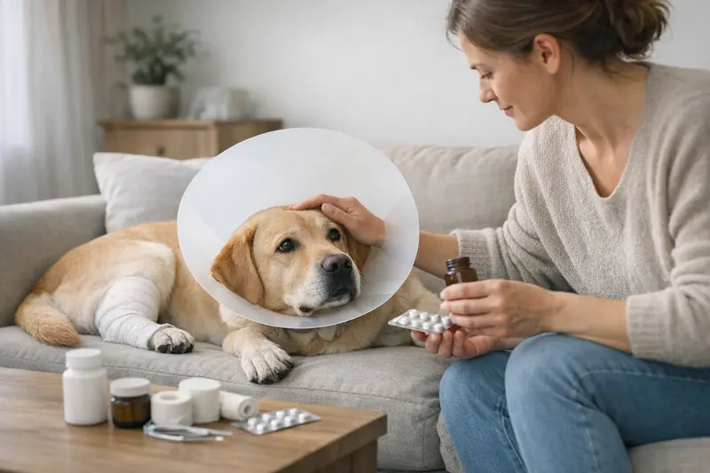 Hund Nachsorge Tierarzt Ein Hund erhält nach einer Operation Nachsorge von einem Tierarzt, während Medikamente bereitgestellt werden.