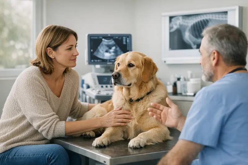 Tierarzt untersucht einen Hund mit einem Ultraschallgerät, um eine Diagnose zu stellen.