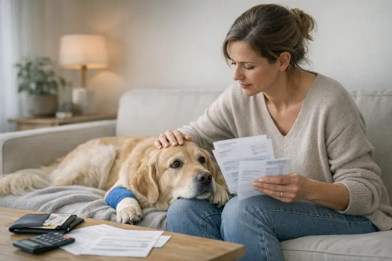 Selbstbeteiligung bei Hundekrankenversicherungen Eine Hundebesitzerin betrachtet die Rechnung nach einem Arztbesuch, um die Selbstbeteiligung zu verstehen.