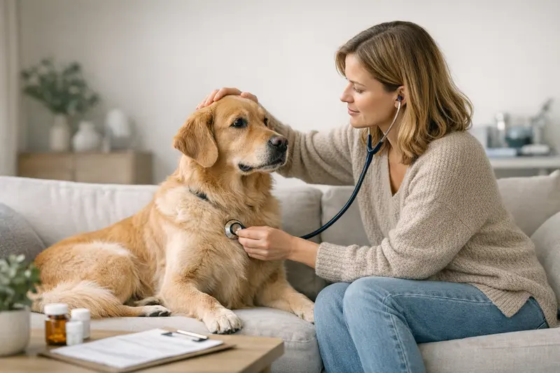 Vorsorgeuntersuchung für Hunde Eine glückliche Hundebesitzerin bei einer tierärztlichen Vorsorgeuntersuchung mit ihrem Hund.