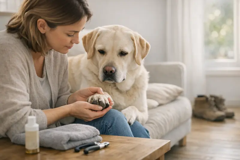 Pfotenuntersuchung beim Hund Ein Hund erhält eine Pfotenuntersuchung bei einem Tierarzt, um Pfotenprobleme vorzubeugen.