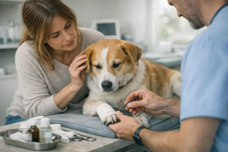 Pfotenverletzung Hund Untersuchung Tierarzt Ein Hund mit einer verletzten Pfote wird vom Tierarzt untersucht.